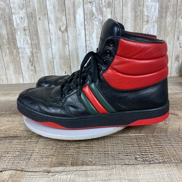 Gucci Authentic Black/Red Leather Praga Karibu High Top Sneakers Size 11.5 G - Picture 1 of 14